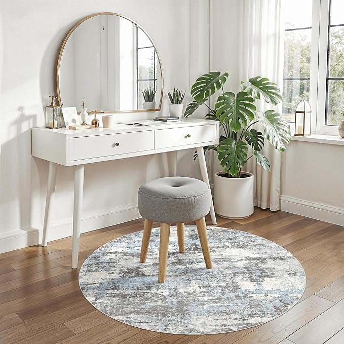 4ft Round Area Rugs for Living Room: 4x4 Abstract Washable Rug Modern Large Soft Stain Resistant Non-Slip Backing Machine Table for Bedroom Dining Room Indoor Home Office Carpet - Blue Grey