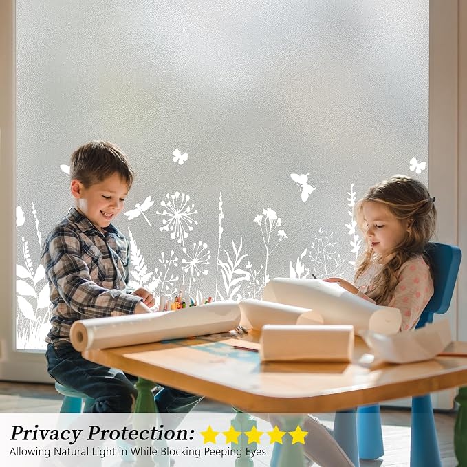 Window Privacy Film 17.7" x 78.7", Frosted Glass Window Film with Floral Pattern Decorative Privacy Window Film Static Cling No Glue Light Filtering UV Blocking for Home Bathroom Office