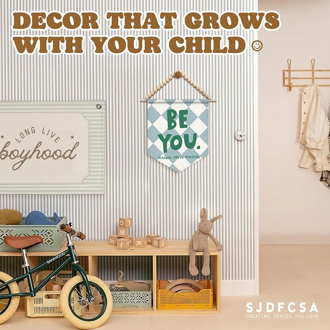 SJDFCSA Inspirational Boys Room Wall Art Decor, Kids Room Decor, Positive Affirmations Be You Because You Are Amazing Boho Checkered Wall Hanging Display Pennant Flag for Boy Nursery Bedroom Playroom