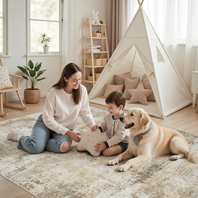 9x12 Area Rugs Living Room Rugs: Large Washable Rug with Anti-Slip Backing Non-Shedding Stain-Resistant Soft Abstract Carpet for Bedroom Dining Room Nursery Hallway Indoor Home Office Beige Grey