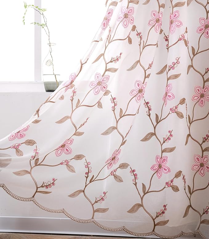 Petrichor Embroidered Sheer Curtain 2 Panels Set - Luxury Window Curtain Attached Valance with Satin Backing and 2 Tie Backs for Living Room,Dining Room, 54x84 inches, Rose