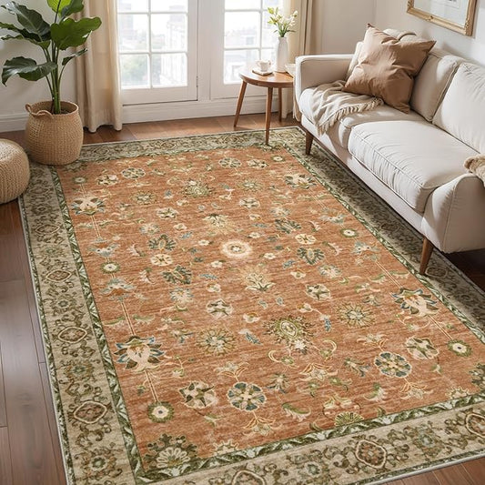 Tangsoo 4x6 Washable Area Rugs Non Slip, Boho Vintage Terracotta Floral Throw Rug for Bedroom Entryway, Soft Low Pile Floor Carpet Indoor Mat for Entrance Bedside Kitchen Nursery Office Farmhouse