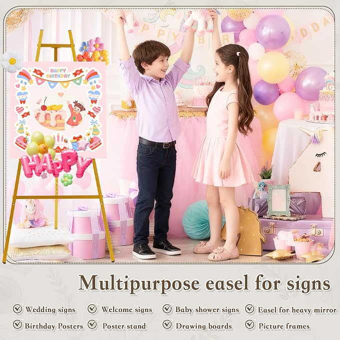 Gold Easel Stand for Sign, 43.5in Heavy Duty | 43.5in height, 4 adjustable tiers, holds 30 lbs, wedding signs, photos, mirrors, tabletop & floor displays, folding metal