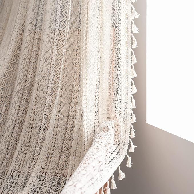 Sutuo Home Boho Lace Curtains for Kitchen Bedroom,Bohemian Crochet Sheer Cotton Tassels Knitted Window Treatment Geometry Country Vintage Rustic Drape Rod Pocket 1 Panel 59" W x 72" L, Beige Wave