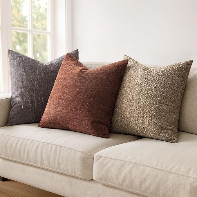 MIULEE Textured Couch Pillow Covers 20x20 Inch Pack of 2,Red Taupe Soft Thick Solid Decorative Chenille Throw Pillows Neutral Farmhouse Cushion Covers Modern Home Decor for Sofa Bedroom Living Room