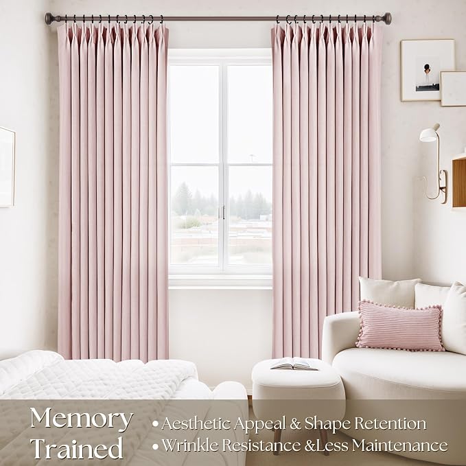 Blush Pink Pinch Pleated Linen Curtains 84 Inch Long for Living Room Bedroom Textured Pink Semi Sheer Drapes Pinch Pleat Rings Window Curtain Girl Room Nursery Decor 40x84 Inches, 2 Panels