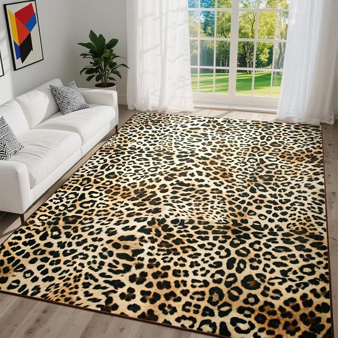DweIke Leopard Print Rug for Living Room, Machine Washable 8x10 Cheetah Area Rugs for Bedroom, Non-Slip Low Pile Animal Hide Carpet with Rubber Backing for Dining Room Kitchen Home Decor,White Brown