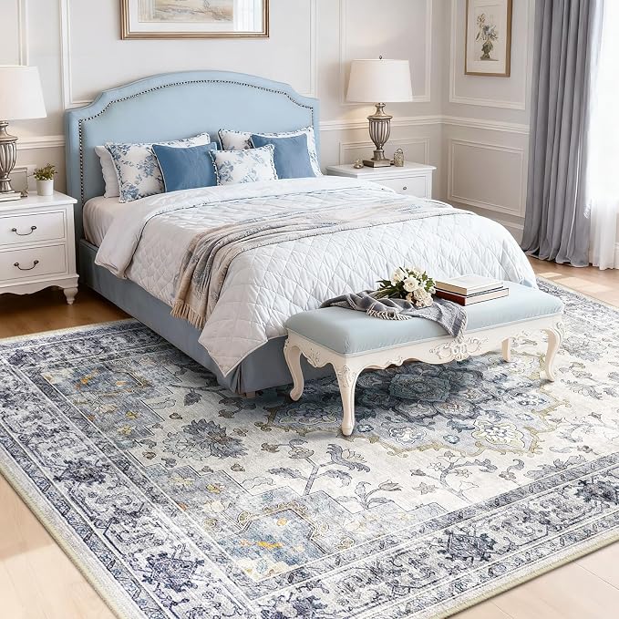 CAPALOCA Machine Washable Rugs Nursery Rug 4x6 Cute Girl Non Slip Low Pile Water Repellent Soft Print Pattern for Bedroom Indoor Decor Kids Playroom Blue White