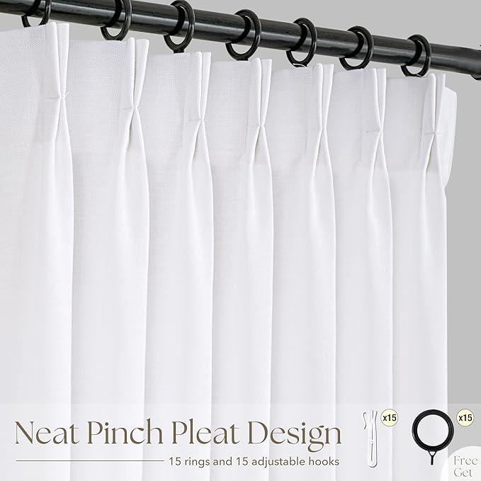 Pinch Pleated White Curtains 108 inch Length for Living Room 2 Panels Light Filtering Semi Sheer White Linen Drapes Modern Elegant Coastal Decor Aesthetic Memory Shape Window Curtain 108 inches Long