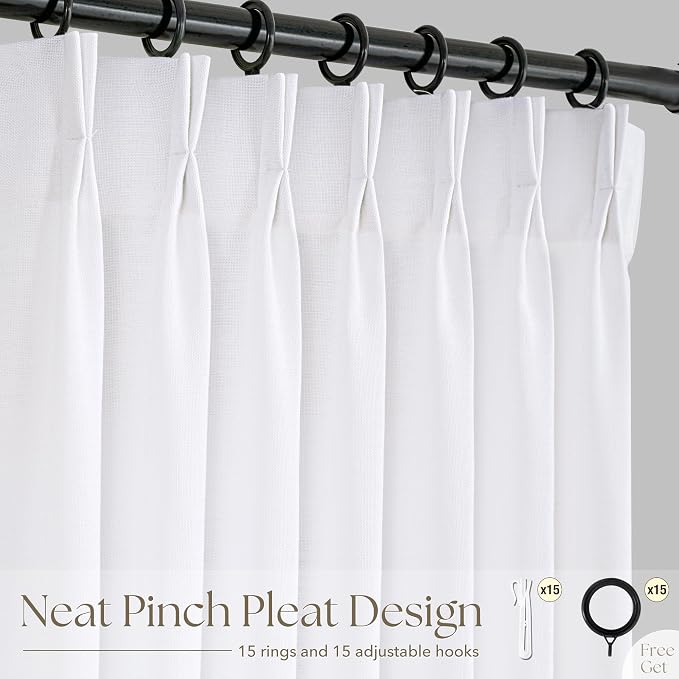 Pleated White Linen Curtains 96 inches Long for Living Room Light Filtering Semi Sheer White Curtains with Pinch Pleat Clips Modern Elegant Coastal Decor Floor to Ceiling Window Drapes 96 inch Length