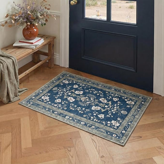 GENIMO Area Rug 2x3 Doormat, Machine Washable Low Pile Rugs, Small Retro Chenille Entryway Mat for Entrance, Hallway, Kitchen and Corridor, Dusty Navy