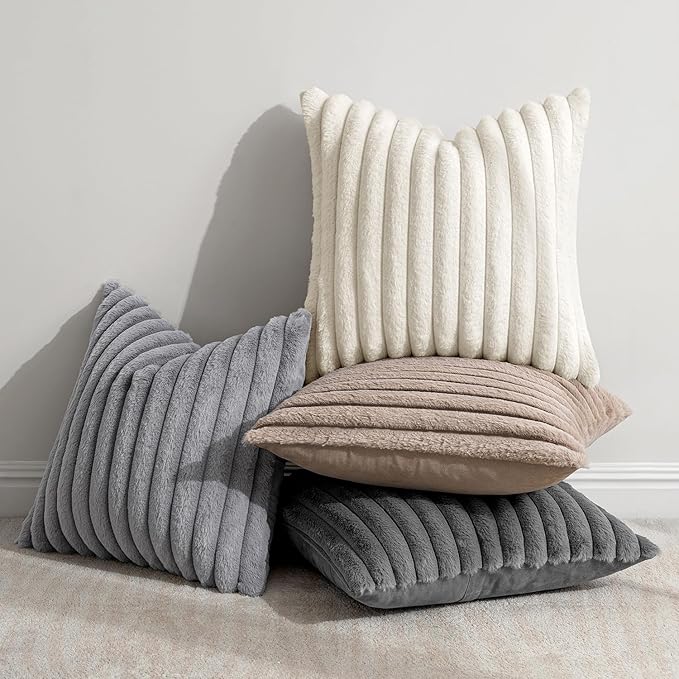 MIULEE Faux Fur Plush Decorative Throw Pillow Covers 18x18 Set of 4, Boho Farmhouse Soft Fuzzy Striped Cushion Covers for Sofa Couch Bed Living Room Vintage Rustic Home Decor,Grey Taupe
