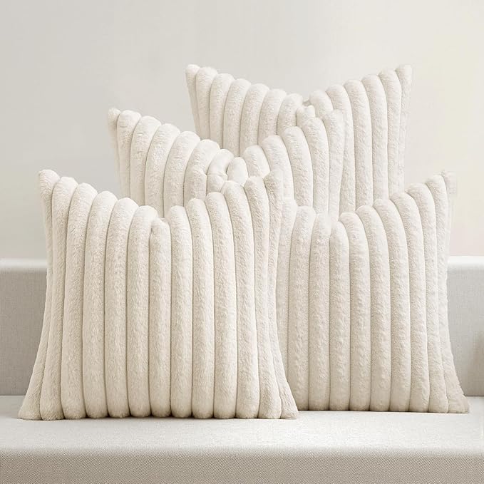 MIULEE Faux Fur Plush Decorative Throw Pillow Covers 20x20 Set of 4, Spring Modern Soft Fuzzy Striped Cushion Covers for Sofa Couch Bed Living Room Cozy Home Decor,Cream White