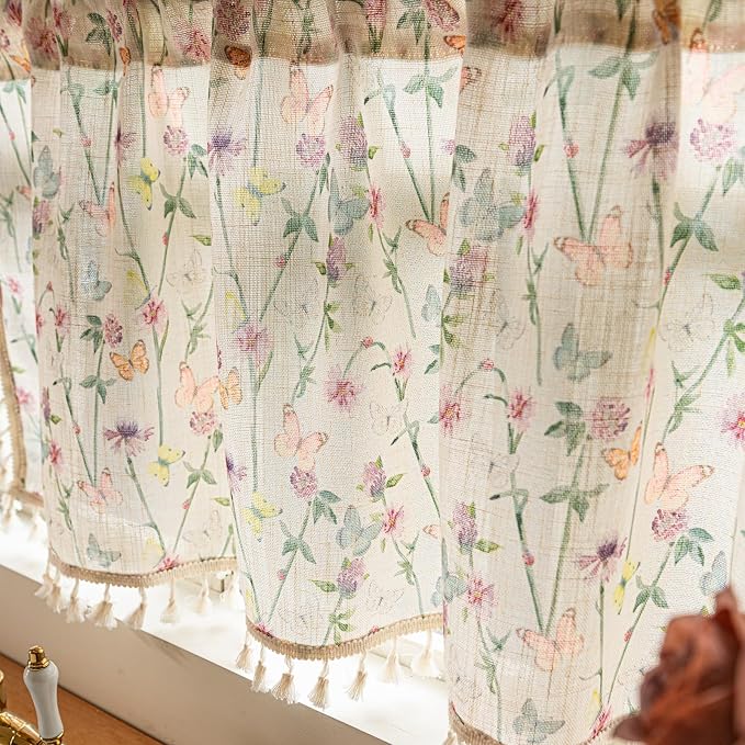 Deeprove Curtain Valance 18 inch for Kitchen Sink Living Room Bathroom Cafe Closet, Florals Butterfly Print, Light FilteringPrivacy Home Whimsical Decoration Winow Short Treatment Drape 52" W x 18" L