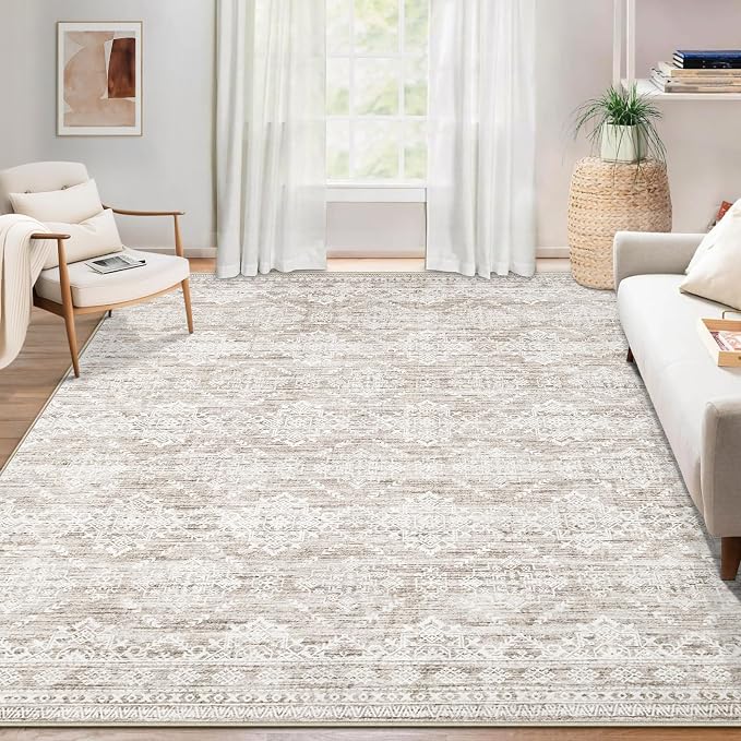 Area Rug 3x5 Geometric Rug: Washable Boho Moroccan Rugs Soft Farmhouse Rug, Modern Neutral Stain Resistant Indoor Floor Carpet for Livingroom Bedroom Dining Table Nursery(Ivory Mocha,3'x5')