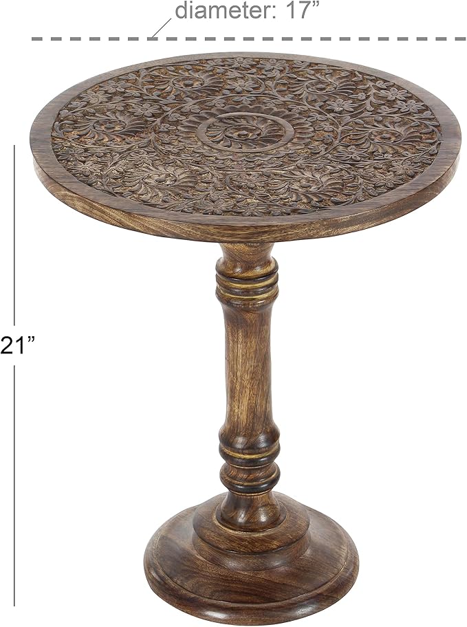 Deco 79 Mango Wood Floral Handmade Side End Accent Table Intricately Carved End Table with Turned Base, Side Table 17" x 17" x 21", Dark Brown