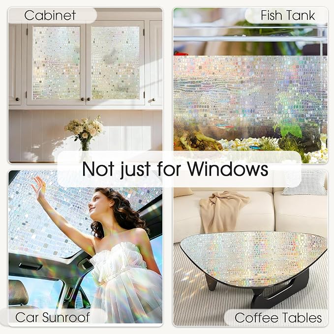Windimiley Rainbow Window Privacy Film, 3D Stained Glass Christmas Decorative Window Clings, UV Heat Blocking Holographic Prism Stickers for Home(35.4 x 118.7In,Pure)