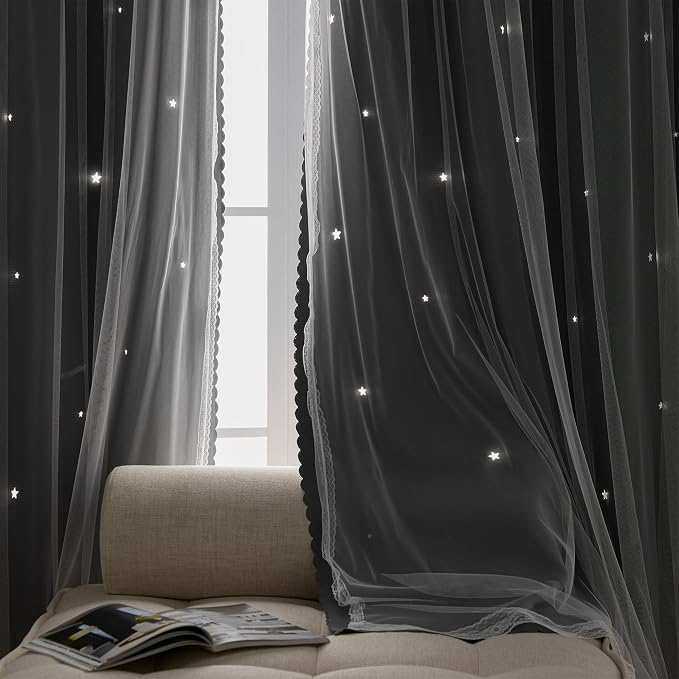 XiDi Grey Curtains for Bedroom 63 Inches Long 2 Panels Hollow Star Curtains Thermal Insulated Modern Luxury Unicorn Decor for Little Girl Kids Room Living Room Gray Blackout Curtains 34W x 63L
