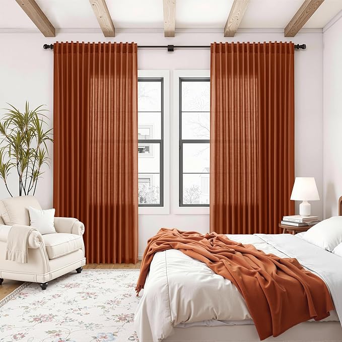 Nanspring Extra Wide Linen Curtains for Living Room 84 Inches Long Terracotta Light Filtering Semi Sheer Boho Farmhouse Curtain for Bedroom Office Luxury Back Tab and Rod Pocket 100x84, 2 Panels