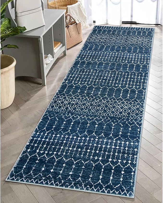Lahome Moroccan 2x5 Washable Blue Runner Rug, Non-Slip Low-Pile Stain Resistant Kitchen Rugs, Geometric Soft Bathroom Runner Carpet for Entrance Bedroom Laundry Hana, Blue