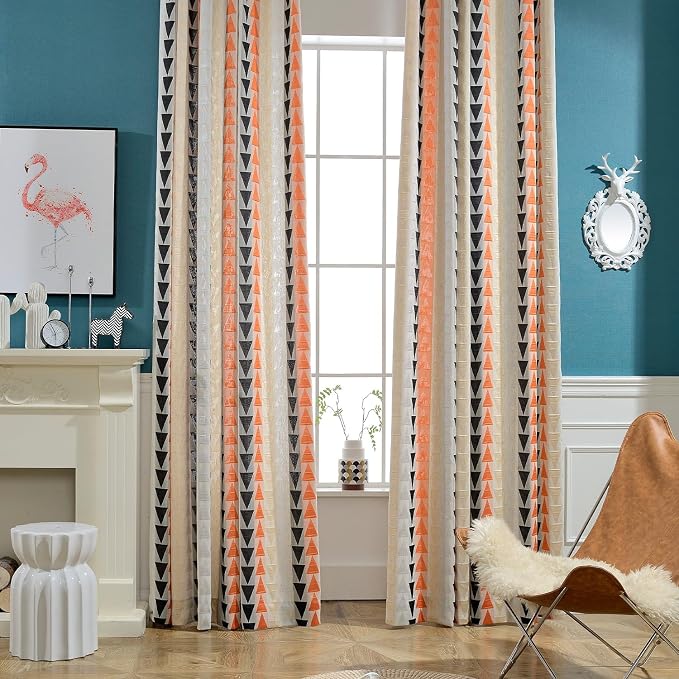 Leeva Geometric Jacquard Curtains with Grommet Top - 52x63 Inch Light Filtering Drapes, Modern Triangle Design for Living Room/Bedroom, Set of 2 Panels, Orange