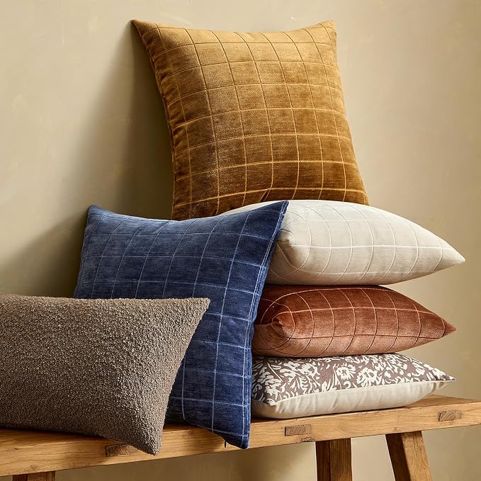 MIULEE Brown Sugar Plaid Fall Decor Throw Pillow Covers 20x20 Set of 2 | Vintage Check Chenille Couch Pillows Boho Farmhouse Cushion Covers Modern Fall Home Decor for Sofa Bed Living Room