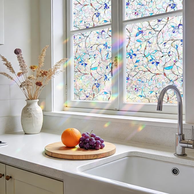 NINETREX Window Privacy Film, Rainbow Stained Glass Window Film, Static Cling Heat Control UV Blocking, Decorative for Home, Bathroom, Glass Door and Car, Renter-Friendly, Blue 35.4 x 78.7 inches