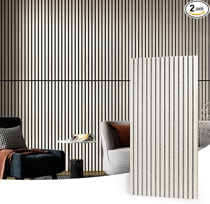 Art3d 2 Wood Slat Acoustic Panels for Wall and Ceiling - 3D Fluted Sound Absorbing Panel with Wood Finish - White Elm