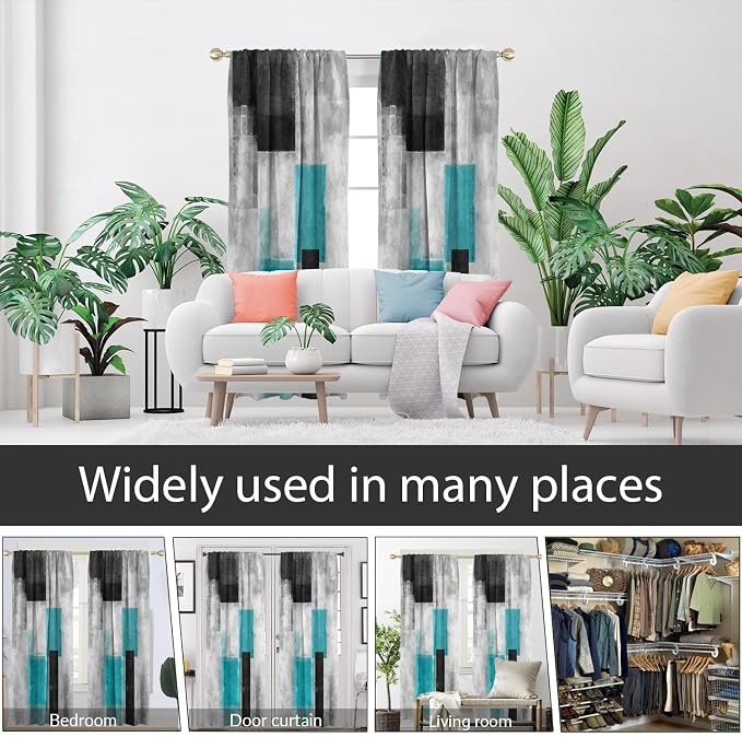 AAtter Teal Black and Grey Window Curtain Turquoise Aqua Gray Silver White Geometric Printed Abstract Deco Long Wide Living Room Bedroom Drapes Treatment Fabric 1 Pair, 52" W x 84" L, Modern