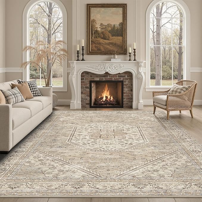 DCX Machine Washable Brown and Beige Area Rug 8x10, Non Slip Stain Resistant Vintage Floral Rug for Living Room Bedroom Nursery, Soft Low Pile Large Carpet