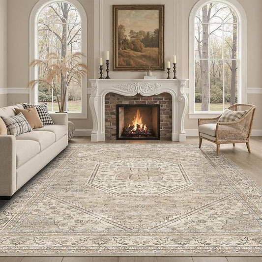 DCX Machine Washable Brown and Beige Area Rug 8x10, Non Slip Stain Resistant Vintage Floral Rug for Living Room Bedroom Nursery, Soft Low Pile Large Carpet