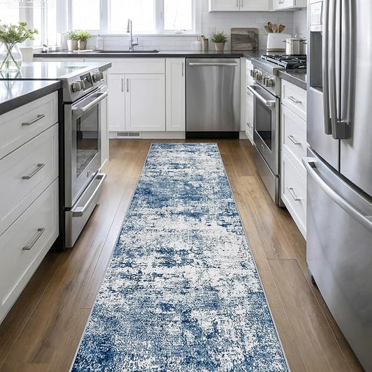 2.6'x14' Runner Rug Washable Rug: Modern Abstract Soft Thin Runner Rug Blue