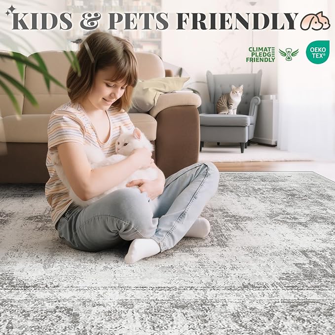 Area Rug 6x9 Vintage Rugs: Washable Indoor Medallion Rug Low Pile Distressed Floor Carpet Retro Accent Rugs for Living Room Bedroom Kitchen Dining Table Home Office(Grey, 6'x9')
