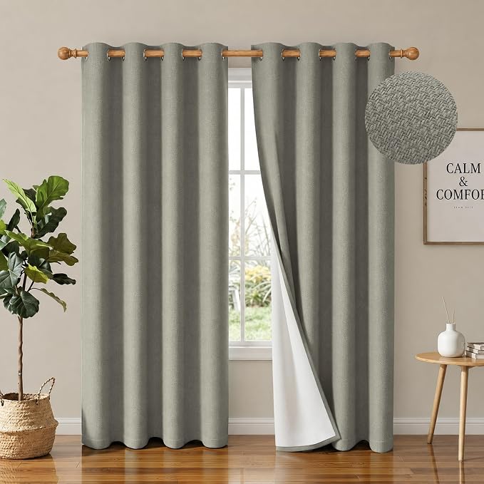4 Panels 100% Blackout Linen-Textured Curtains, Thick Thermal Insulated Grommet Drapes with Subtle Herringbone Weave, Luxury Decor for Bedroom/Living Room, 54 x 84 Inches, Grey