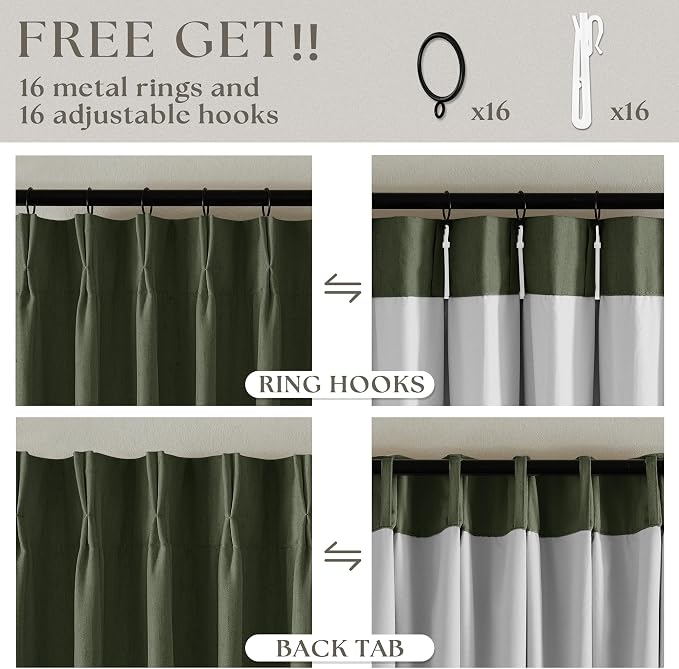 Olive Green Black Out Curtains 63 Inch Long for Bedroom Pinch Pleated with Rings Hooks Back Tab Thermal Insulated Short Linen Blackout Drapes Farmhouse Living Room Darkening Kitchen Curtains