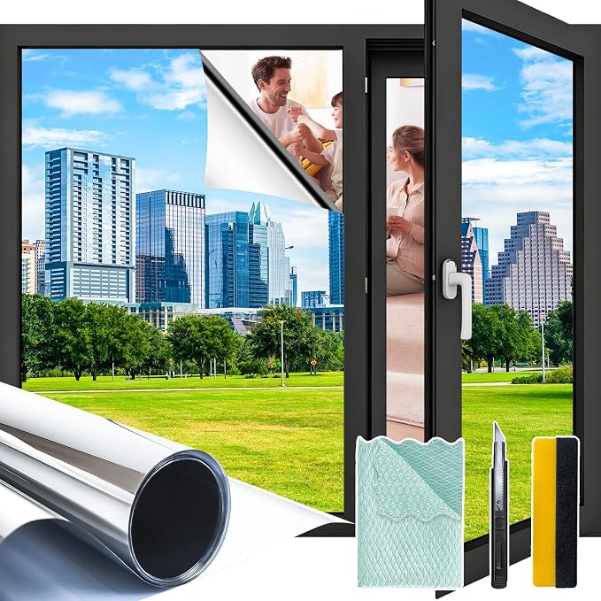 One Way Privacy Window Film 35.4" x 78.7" with Installation Tools, Silver Mirror Window Tint See Out Not in, Daytime Privacy in Sunny Conditions, Heat Control UV Blocking for Home Office