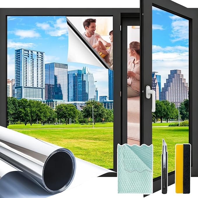 One Way Privacy Window Film 30" x 39.4" with Installation Tools, Silver Mirror Window Tint See Out Not in, Daytime Privacy in Sunny Conditions, Heat Control UV Blocking for Home Office