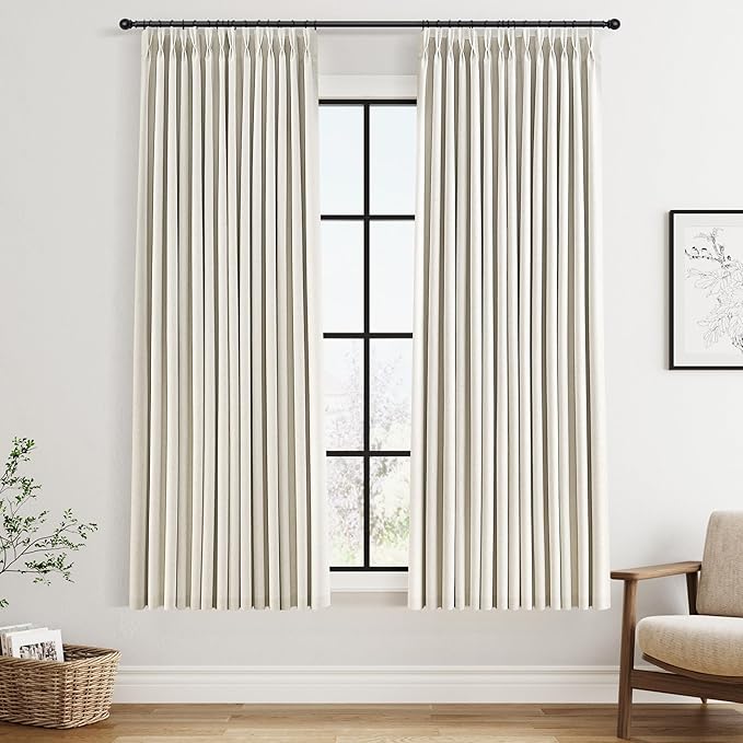 Joywell Pinch Pleated 100% Blackout Linen Curtains 63 Inches Long for Living Room Small Window 2 Panels Set Thermal Insulated Soundproof Short Linen Pinch Pleat Curtains for Bathroom 40Wx63L Cream