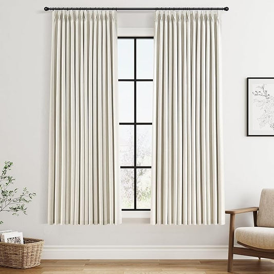 Joywell Pinch Pleated 100% Blackout Linen Curtains 63 Inches Long for Living Room Small Window 2 Panels Set Thermal Insulated Soundproof Short Linen Pinch Pleat Curtains for Bathroom 40Wx63L Cream