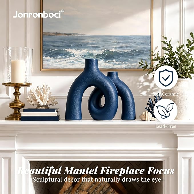 Hug Donut Decorative Vase Set - Navy Blue Vase, Modern Coastal Style Vases Home Decor, Matte Ceramic Decorations for Living Room Shelf, Bookshelf Mantle Entryway Table or Console Décor (Navy Blue)