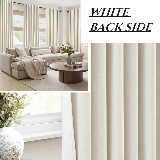 Cute Blackout Curtains 60 Inches Extra Wide Linen 92 Inch Length for Living Room/Sliding Glass Door,Pleated Heavy Duty Thermal Drapes for Winter Thick Large Window(60"Wx92"L 2 Panels Warm Cream)
