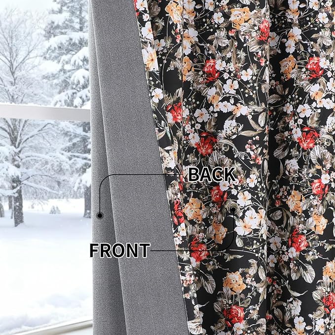 Estelar Textiler Black Vintage Boho Velvet Floral Printed Blackout Curtains 72 Inches Long for Bedroom, Luxury Thermal Insulated Light Blocking Curtains & Drapes for Living Room, W52 x L72, 2 Panels