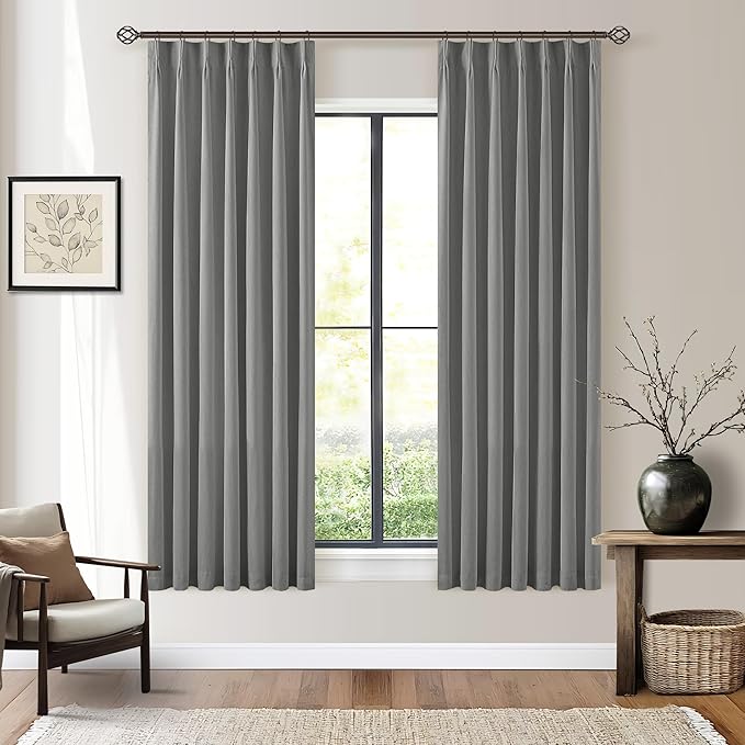 Grey Pinch Pleated Black Out Curtains 63 Inch Long for Living Room Bedroom Insulated Thermal Room Darkening Kitchen Drapes for 63 Inch Window Boho Linen Basement Office Dining Room Pinch Pleat