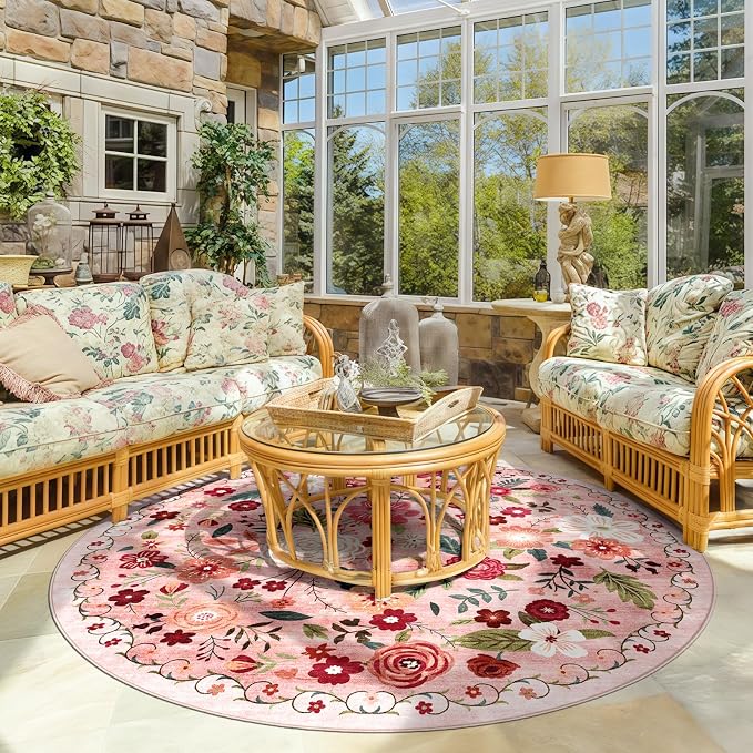 6ft Round Machine Washable Area Rug for Living Room, Dark Pink Vintage Boho Floral Rug Non-Slip Low Pile Soft Faux Wool Carpet Kids and Pets Friendly for Bedroom Nursery Farmhouse Home Decor Rug