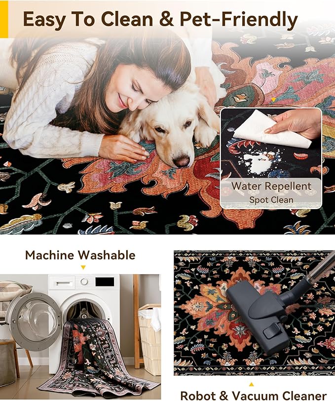 RELEANY Area Rugs Runner 2'6"x8' Washable Non-Slip, Floral Vintage Distress Medallion Carpet for Kitchen Hallway Bedroom Beside Laundry Room Bathroom, Black Colorful Floral Dark Tan