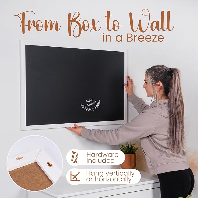 Loddie Doddie Magnetic Chalkboard - 36 x 24 in, White Wood Frame - Menu Board for Kitchen - Chalkboard Calendar for Wall Organization - Framed Magnetic Board