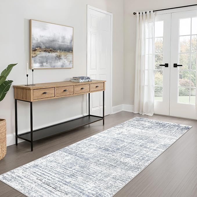 Runner Rug Non-Slip Kitchen Rug: 3x8 Washable Abstract Modern Soft Stain Resistant Indoor Floor Neutral Accent Throw Carpet for Hallway Bathroom Laundry Room Bedroom Entryway- Blue