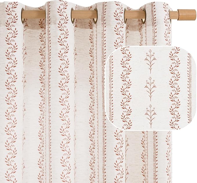 BGment Short Terracotta Boho Curtains Leaf Floral Print Cottage Core Botanical Curtains for Living Room Light Filtering Curtain 54 Inch Long for Farmhouse Rustic, Each 52 Inch Wide, 2 Panels Set