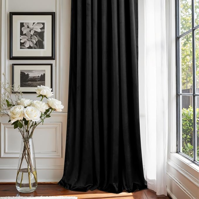 Black Velvet Curtains for Living Room 108 Inches Long 2 Panels Heat Noise Reducing Black Out Drapes for Sliding Door Movie Theater Man Cave Masculine Modern Victorian Vintage Bedroom Decor 9ft Length