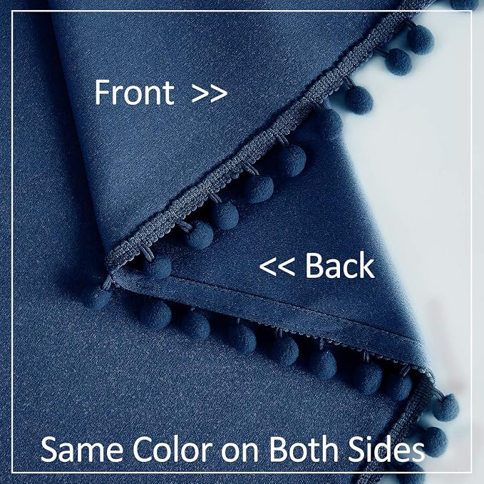 Treatmentex Pompom Blackout Window Curtains Navy Royal Blue Full Blackout Curtains for Bedroom Living Room 63 inch Thermal Insulated Window Curtain Panels 52" w x2 Panels Rod Pocket